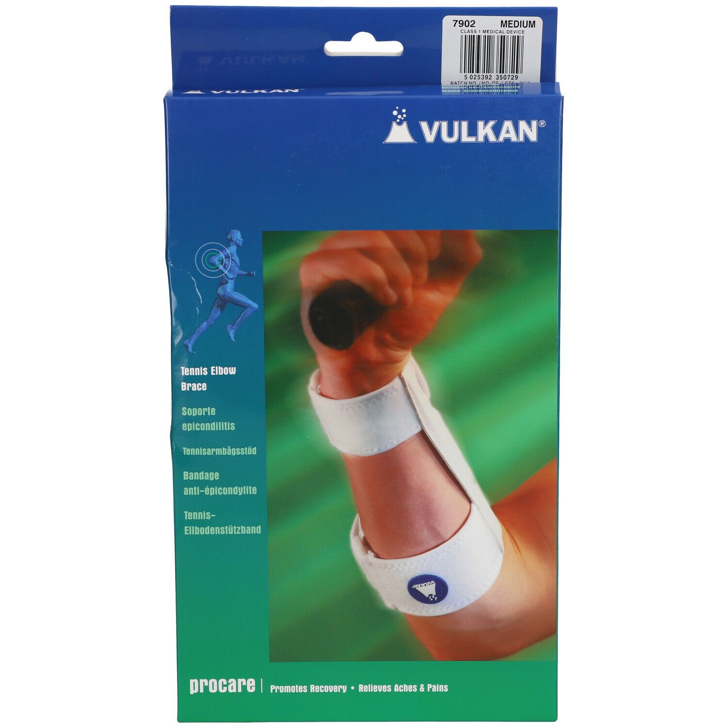 Vulkan® Tennis-Ellbogenstützband in Verpackung. Weißes Band am Arm. Blaue Box mit Produktnamen und Logo.