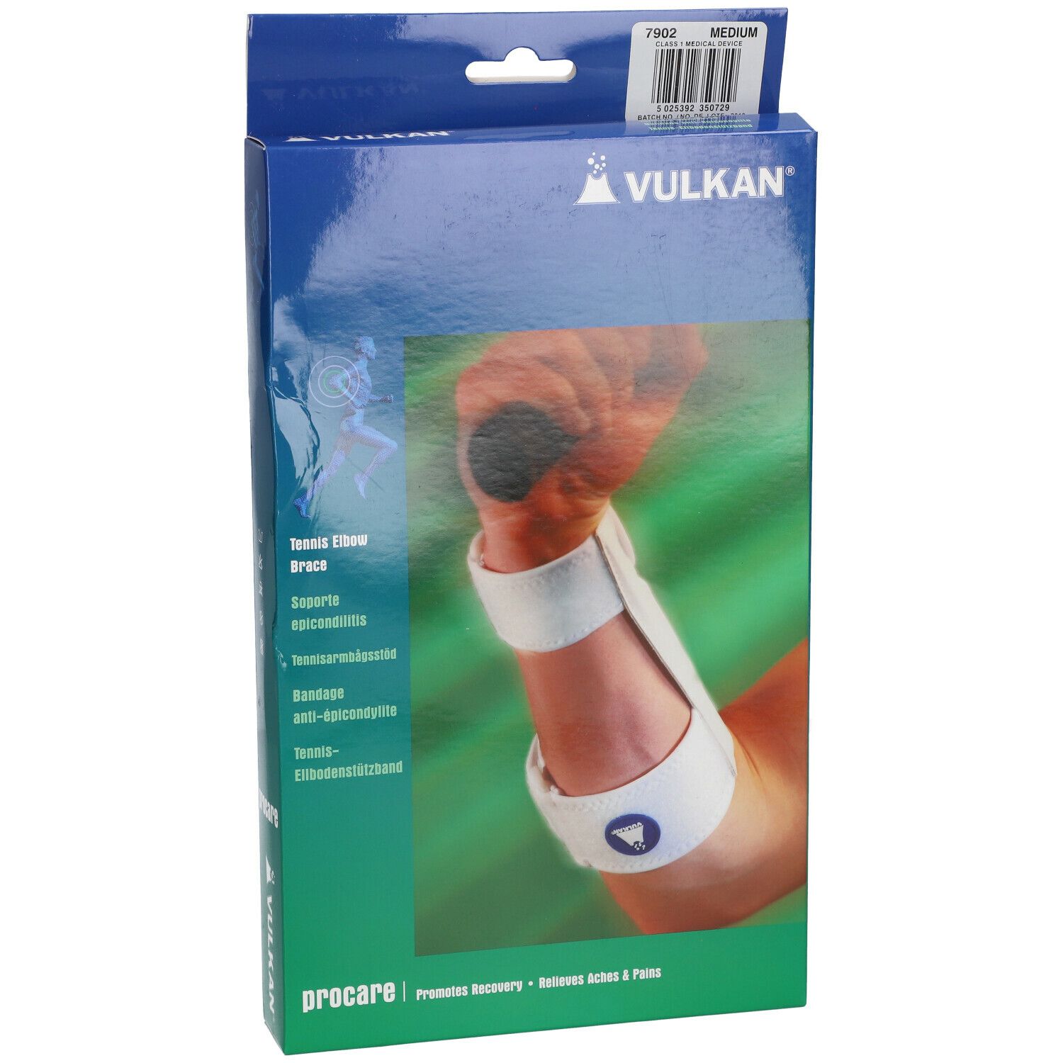Vulkan® Tennis-Ellbogenstützband in Verpackung. Weißes Band am Arm. Blaue Box mit Produktnamen und Logo.