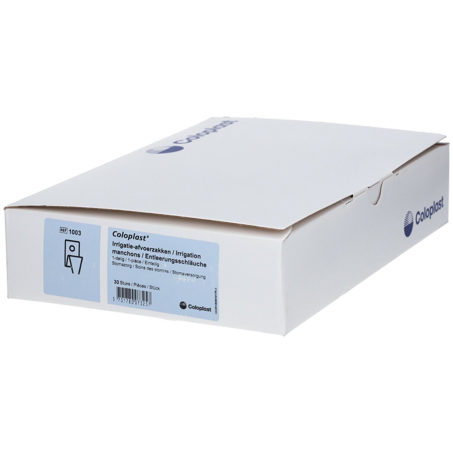 Emballage en carton blanc ouvert avec logo Coloplast et informations produit. Texte en allemand.
