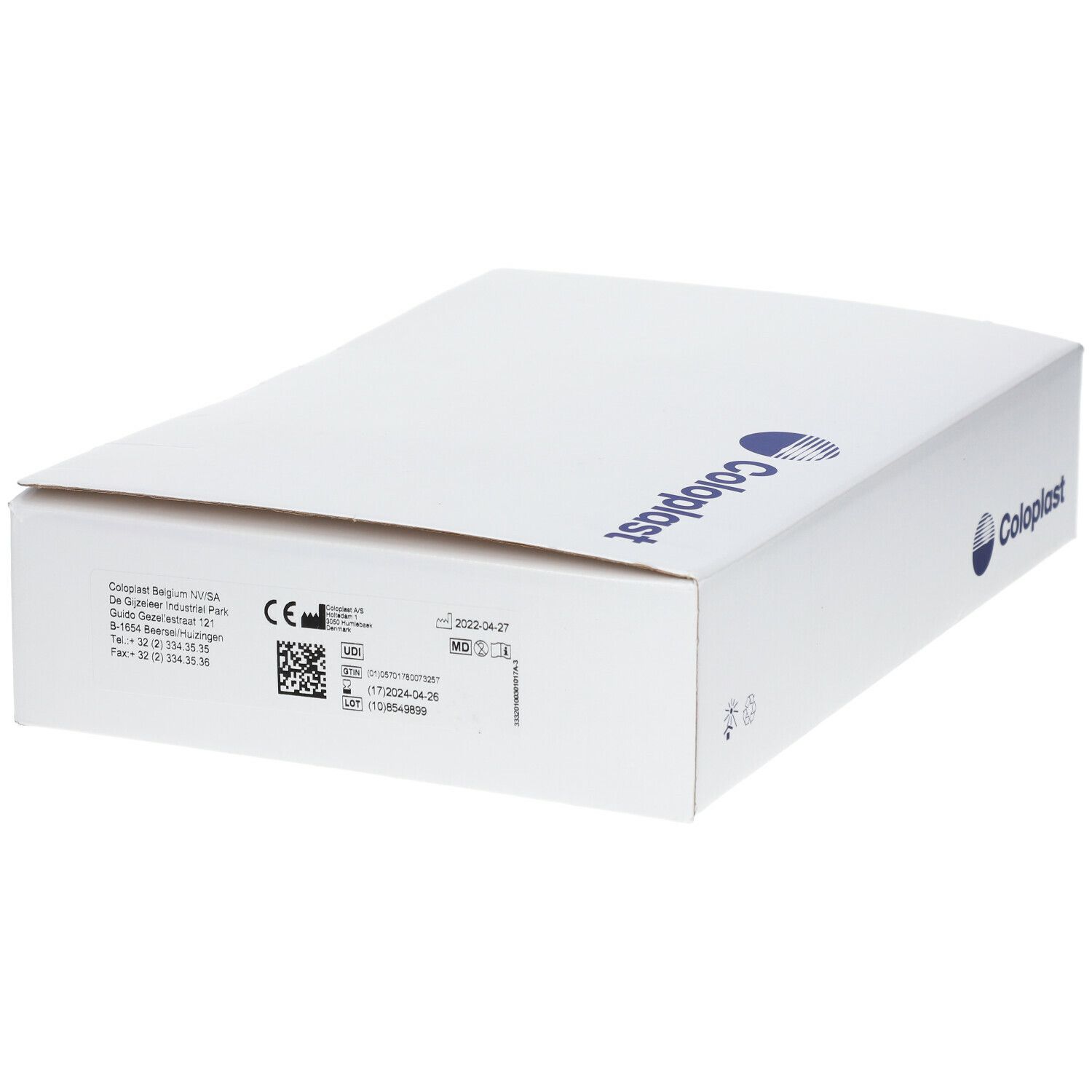 Emballage en carton blanc avec logo Coloplast et informations produit. Marquage CE et code-barres.