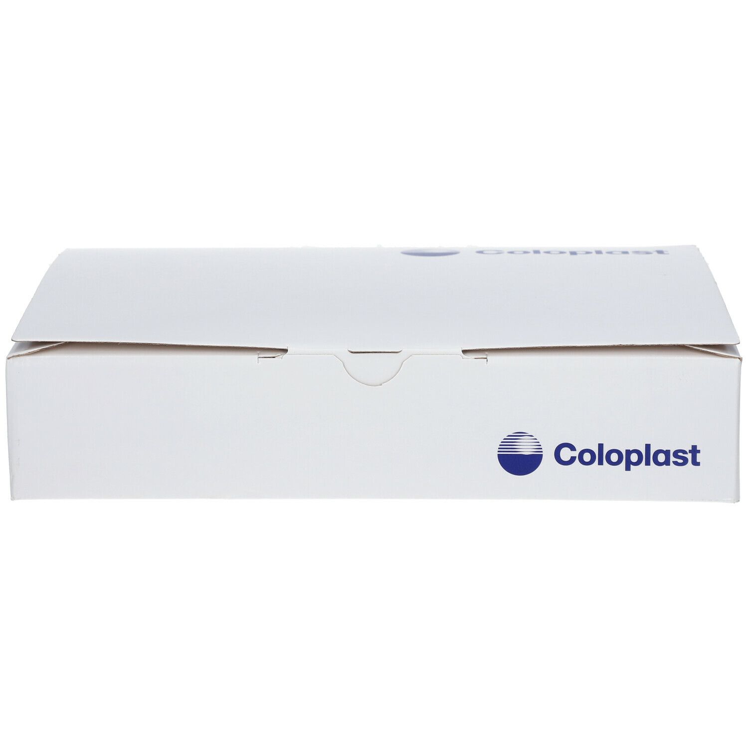 Emballage en carton blanc avec logo Coloplast. La boîte est rectangulaire et légèrement ouverte.