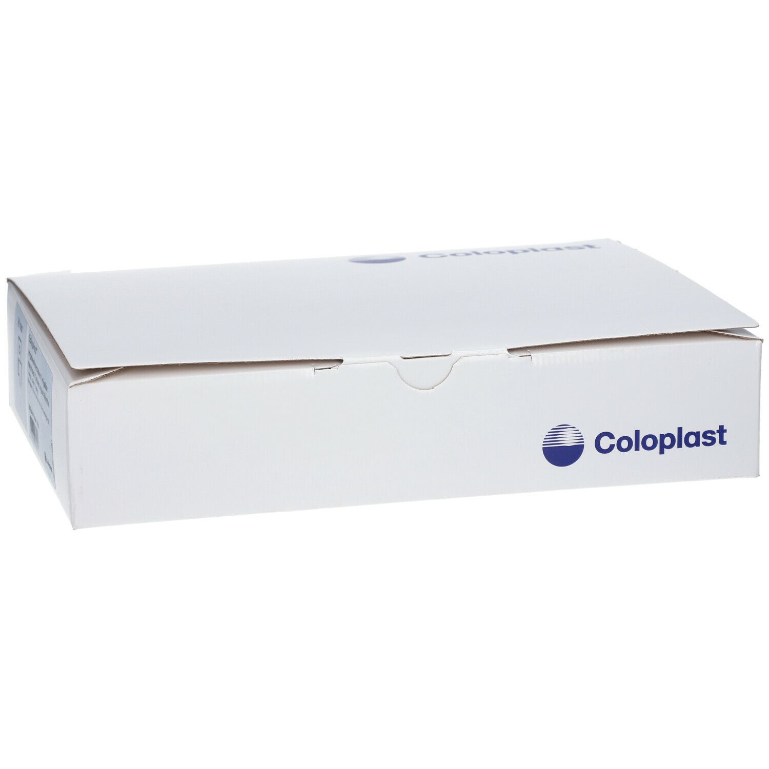 Emballage en carton blanc avec logo Coloplast. La boîte est rectangulaire et légèrement ouverte.
