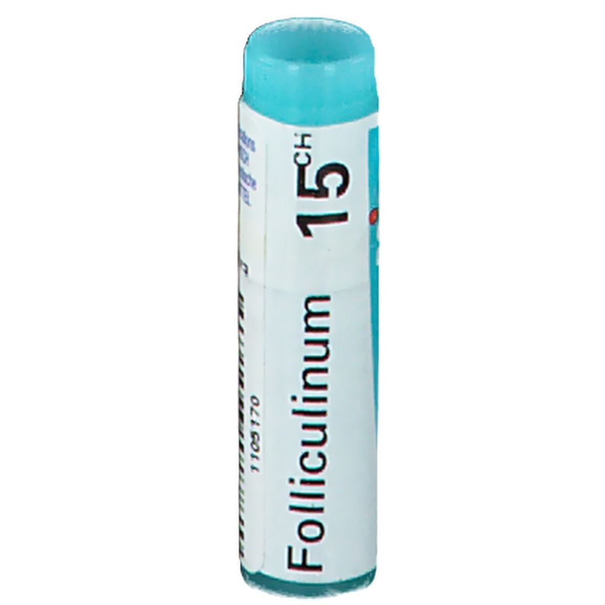 Tube cylindrique bleu clair. Inscription: Folliculinum 15 CH.