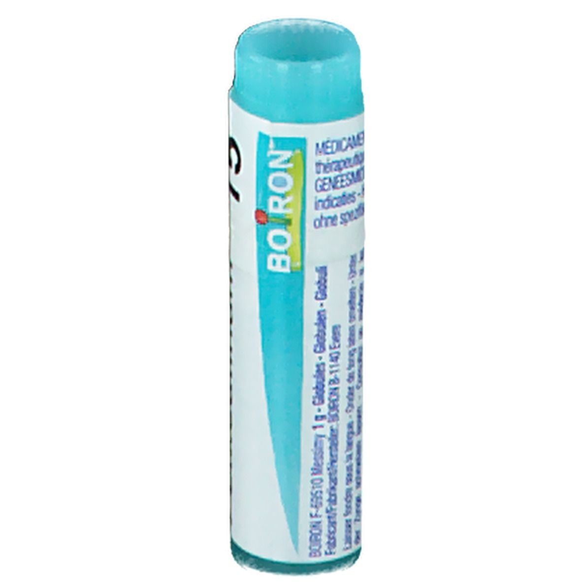 Tube cylindrique bleu clair. Inscription: Boiron, Globules.