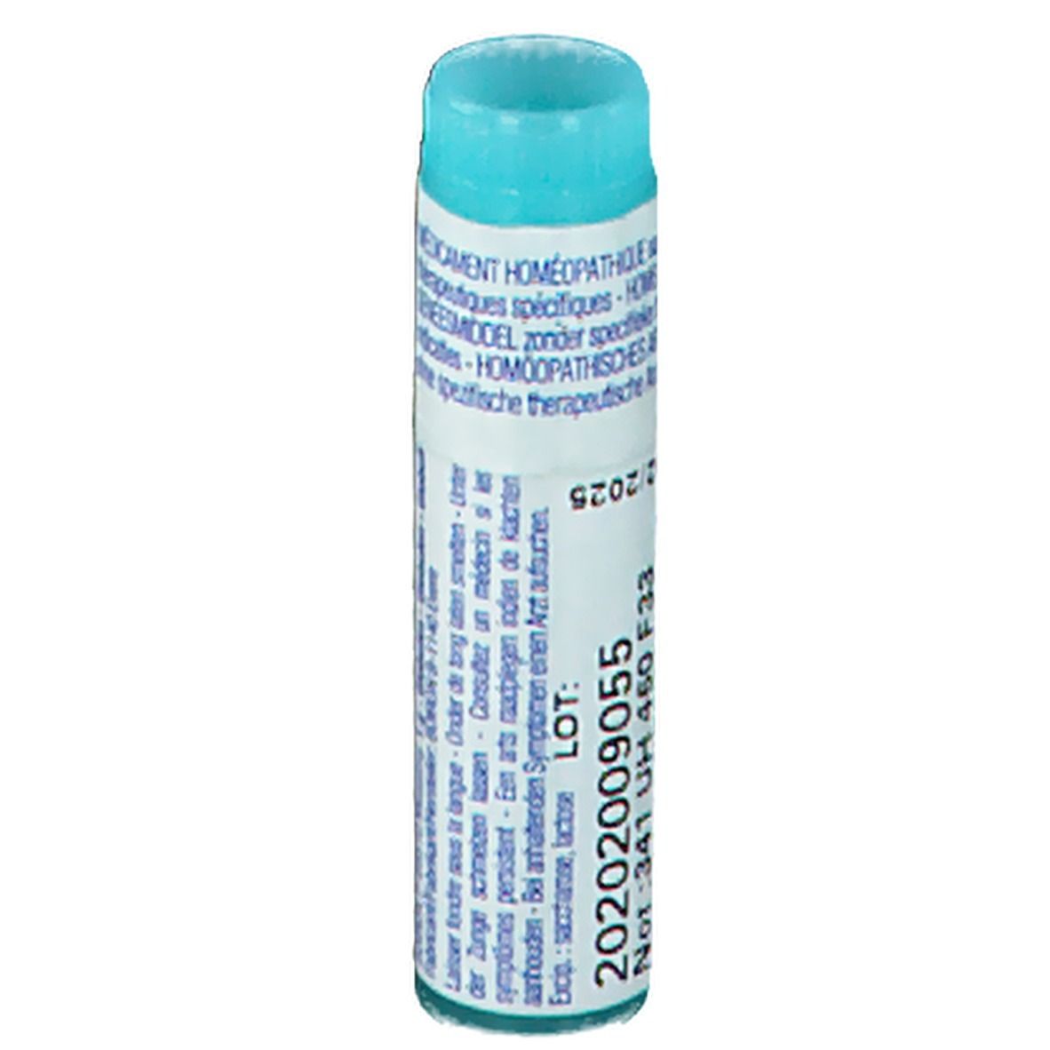Tube cylindrique bleu clair. Inscription: 20202009055, date de péremption.