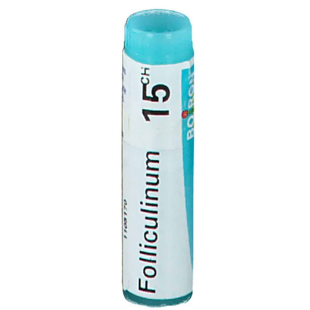 Tube cylindrique bleu clair. Inscription: Folliculinum 15 CH, Boiron.