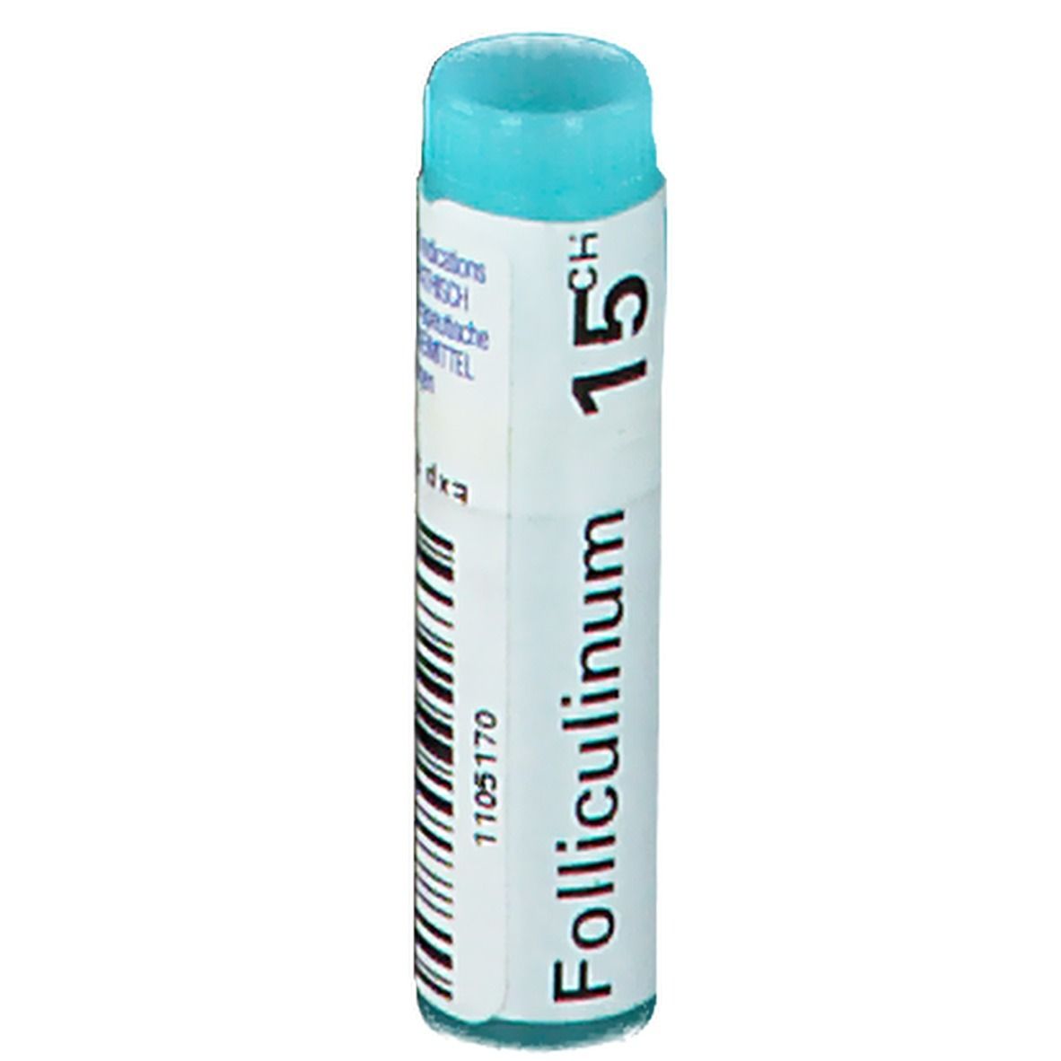 Tube cylindrique bleu clair. Inscription: Folliculinum 15 CH.