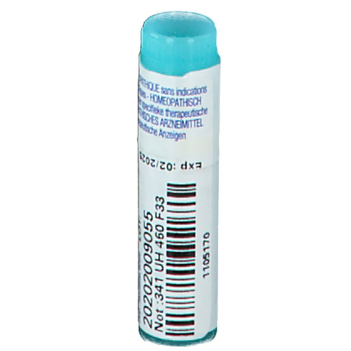 Tube cylindrique bleu clair. Inscription: 20202009055, date de péremption.