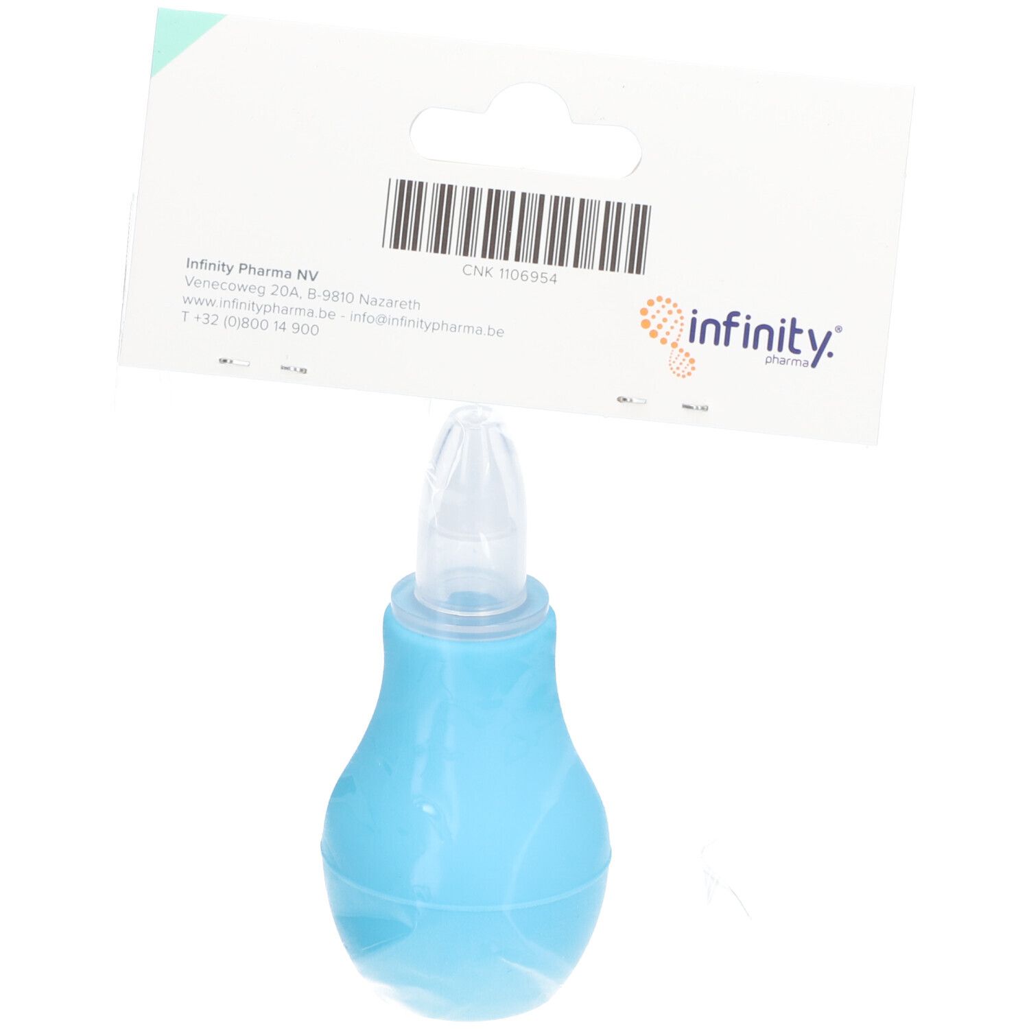 Aspirateur nasal bébé bleu en plastique. Avec emballage, marque Infinity Pharma.