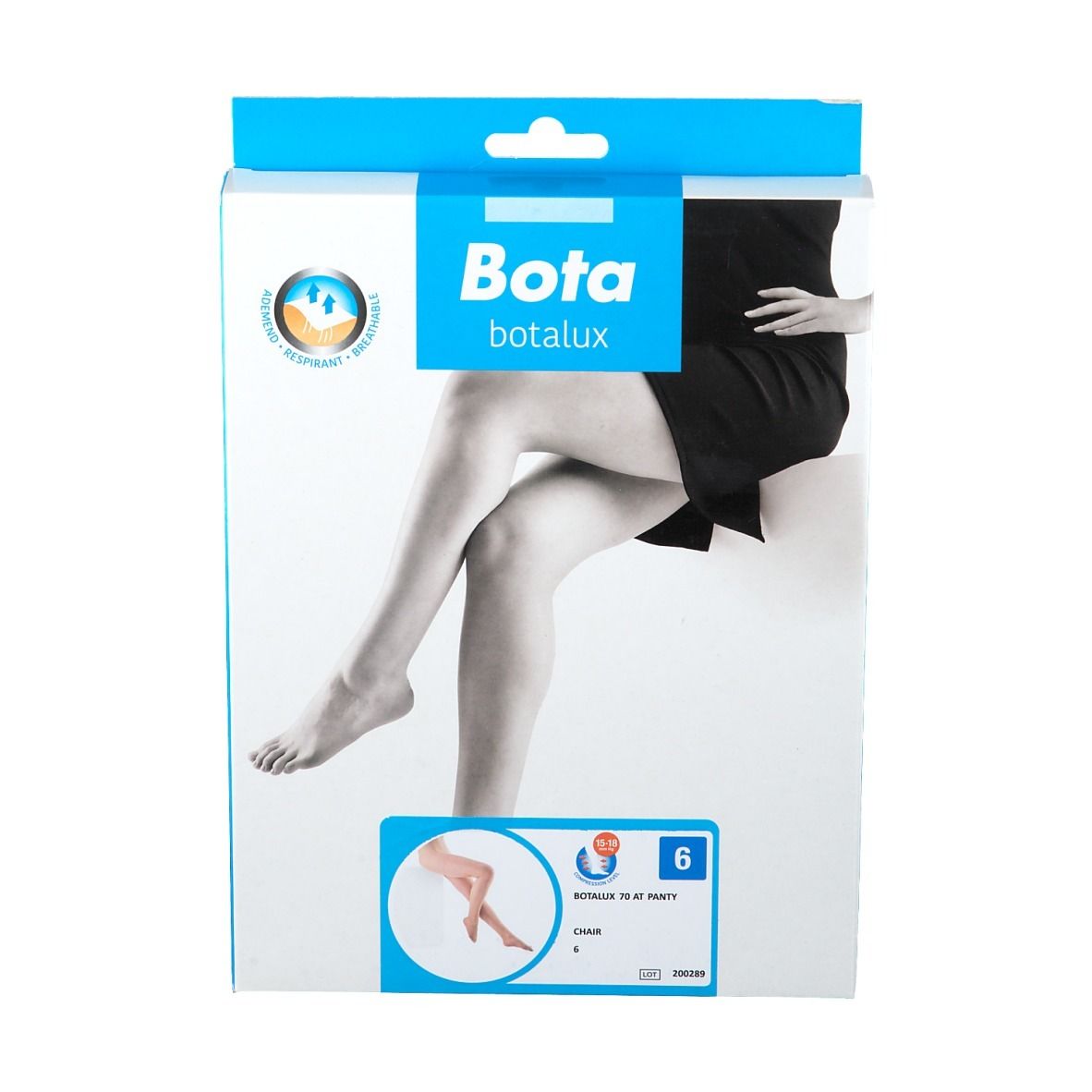 Bota Botalux verpakking. Opschrift: Bota, botalux, beenillustratie. Maat 6. Kleur: Chinchilla.