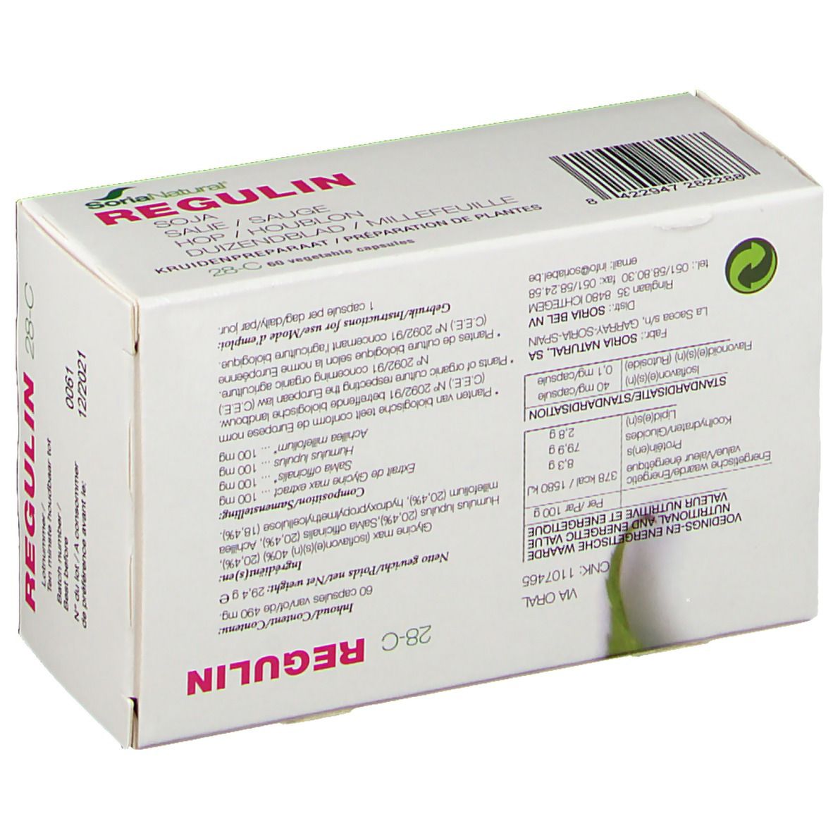Dos de la boîte blanche REGULIN. Contient informations nutritionnelles et symbole de recyclage.