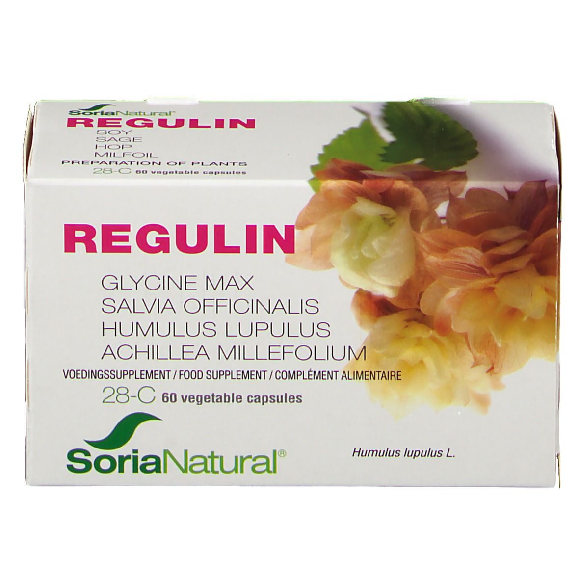 Boîte blanche REGULIN, logo Soria Natural. 60 gélules. Illustration florale.