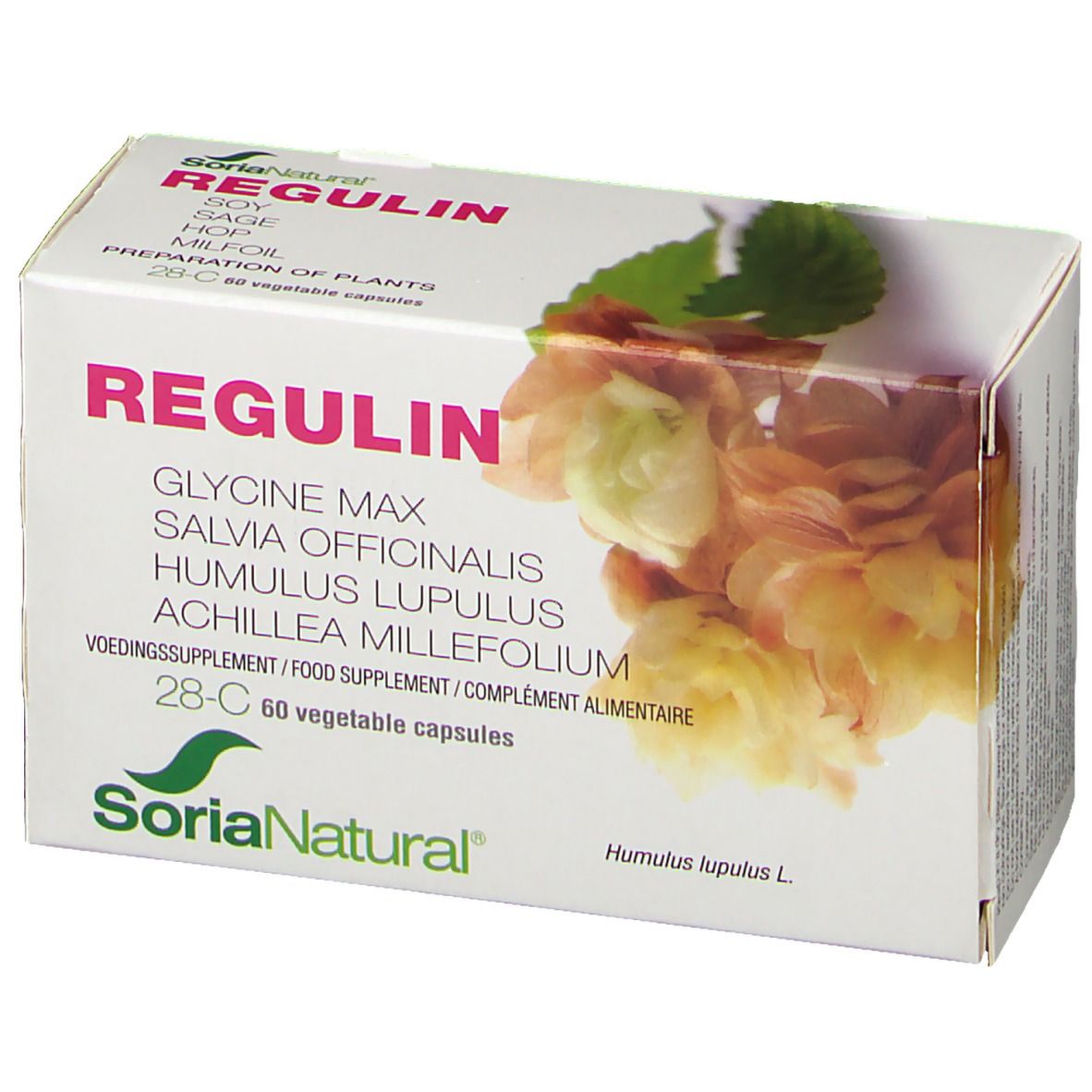 Boîte blanche REGULIN, logo Soria Natural. 60 gélules. Illustration florale.