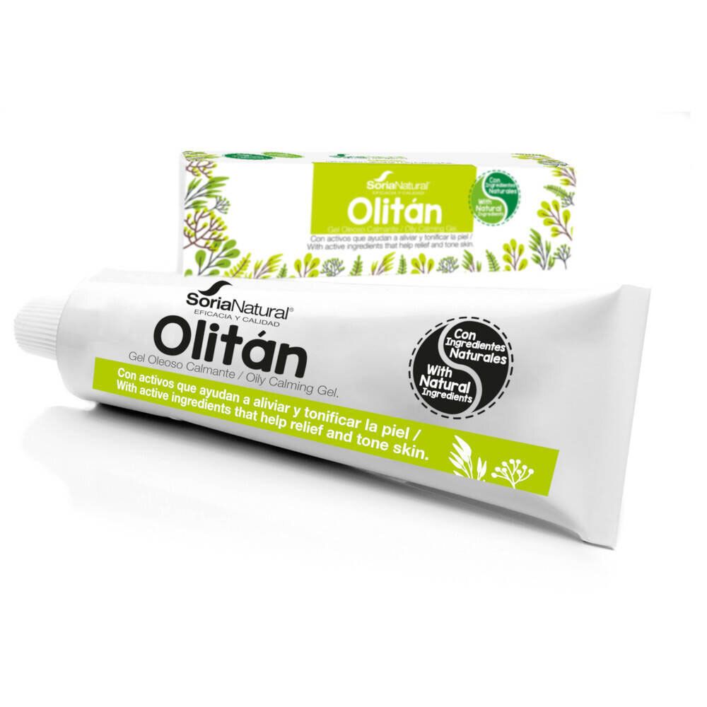 Tube et boîte blanc et vert avec gel Olitan. Texte: Soria Natural, Olitan, Gel Calmente. Avec ingrédients naturels.