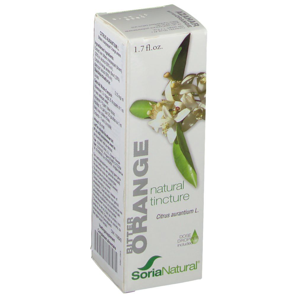 Boîte blanche Soria Natural Bitter Orange. Inscription: 1.7 fl.oz., Citrus aurantium L., recommandation de dosage.