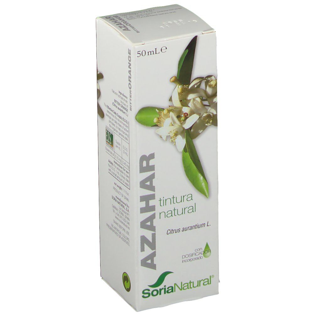 Boîte blanche Soria Natural Azahar. Inscription: 50ml, Citrus aurantium L., recommandation de dosage.