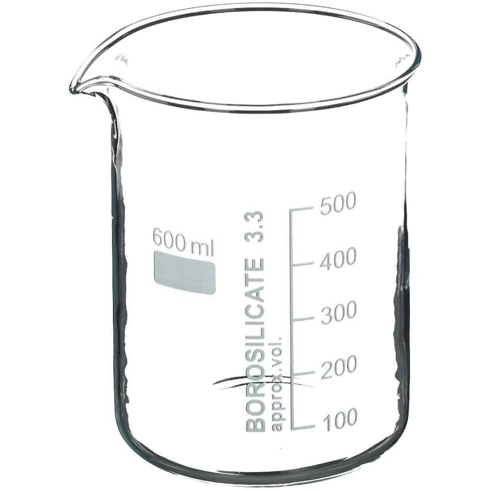 Bécher en verre avec bec verseur et graduation jusqu'à 500 ml. Inscription : BOROSILICATE 3.3.