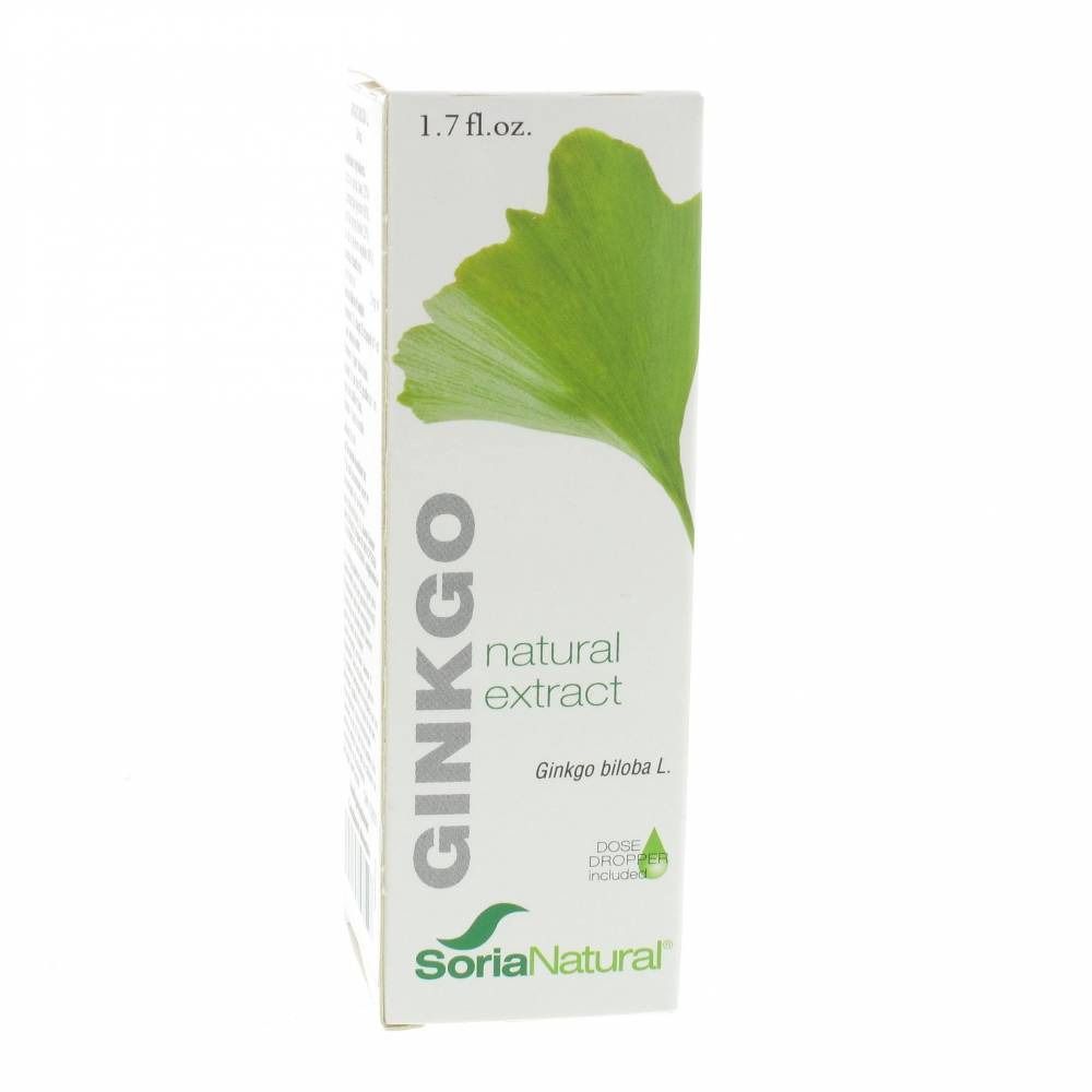 Boîte blanche avec illustration de feuille de ginkgo. Inscriptions "GINKGO", "natural extract" et "SoriaNatural". Symbole de goutte.