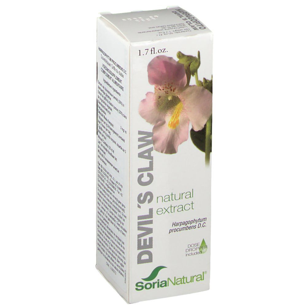 Boîte en carton avec motif floral et texte. Inscription: DEVIL'S CLAW, natural extract, SoriaNatural. 1.7 fl.oz.