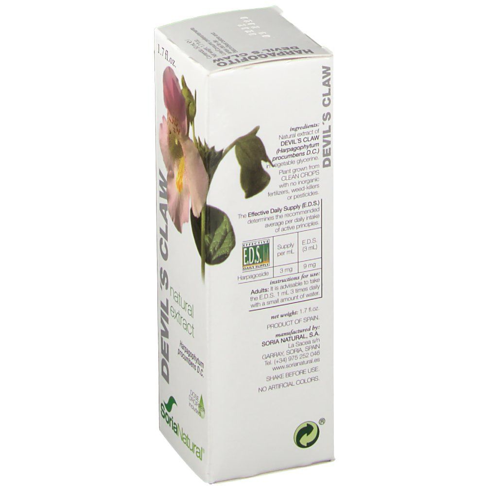 Boîte en carton avec motif floral et texte. Inscription: DEVIL'S CLAW, natural extract, SoriaNatural. Contient informations et certifications.
