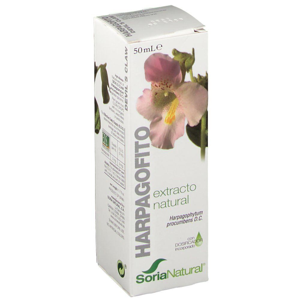 Boîte en carton avec motif floral et texte. Inscription: HARPAGOFITO, extracto natural, SoriaNatural. 50 ml.