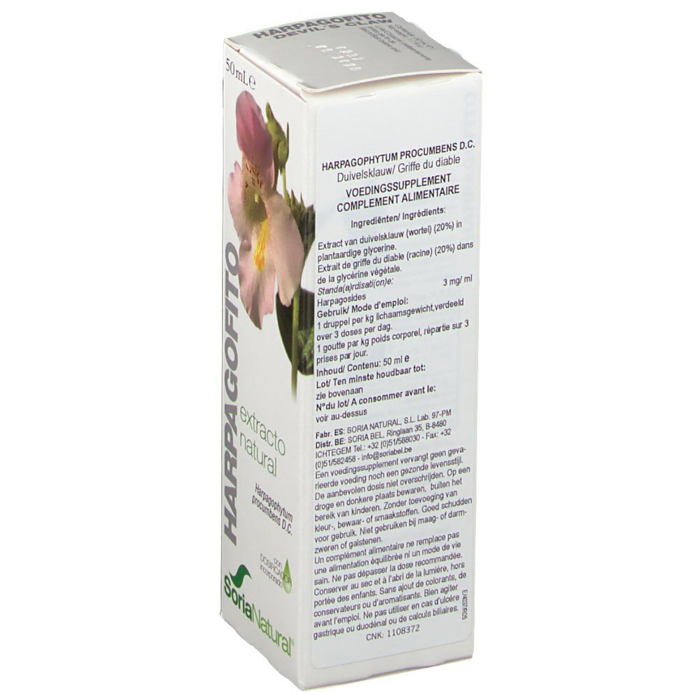 Boîte en carton avec motif floral et texte. Inscription: HARPAGOFITO, extracto natural, SoriaNatural. Contient informations et certifications.