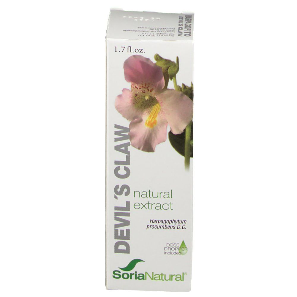 Boîte en carton avec motif floral et texte. Inscription: DEVIL'S CLAW, natural extract, SoriaNatural. 1.7 fl.oz.