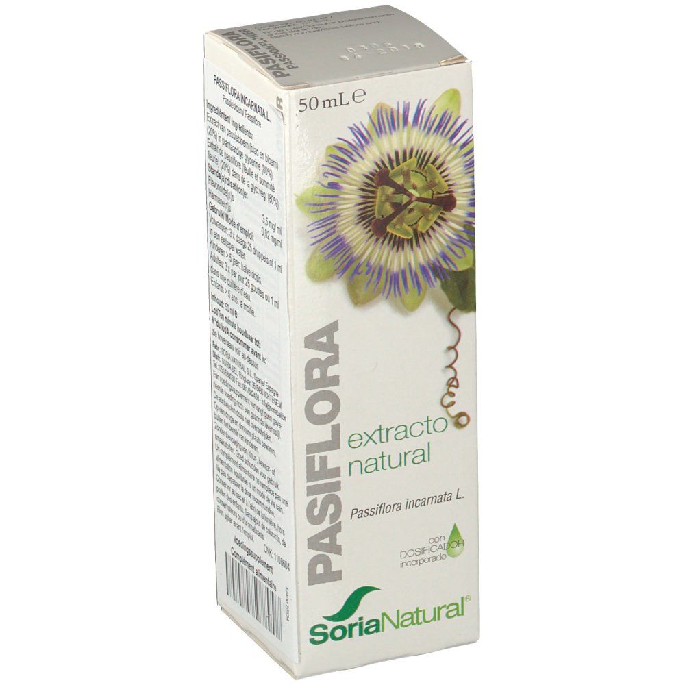 Doos met tekst en afbeelding. Opschrift: PASIFLORA extracto natural. Merk: Soria Natural. Druppelaar inbegrepen.