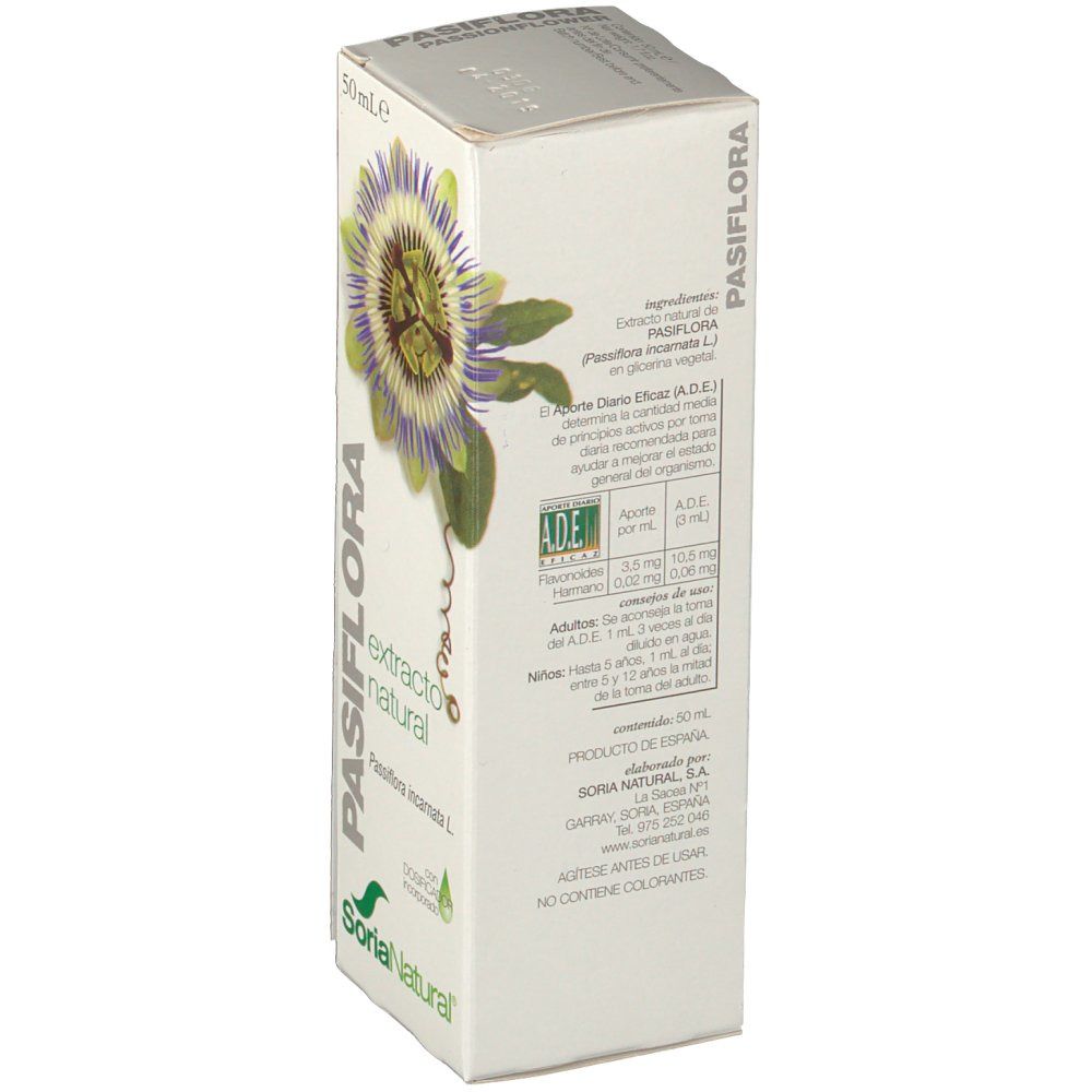 Doos met tekst. Bevat ingrediënten, gebruiksaanwijzing en fabrikantinfo. Merk: Soria Natural. ADE-certificering.