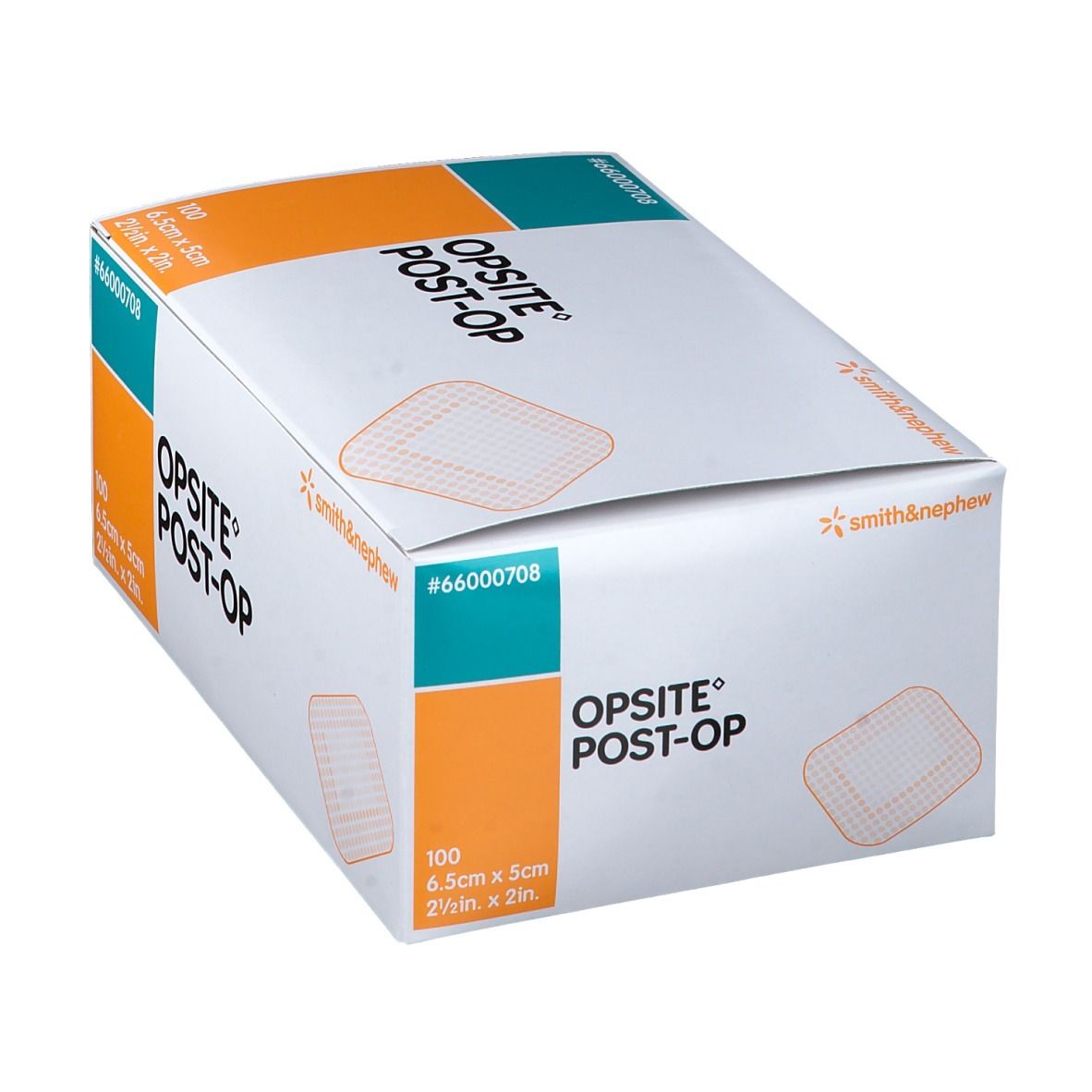 OPSITE Post-Op Box. Enthält 100 Verbände, 6,5 x 5 cm. Marke Smith & Nephew. Produktcode #66000708.