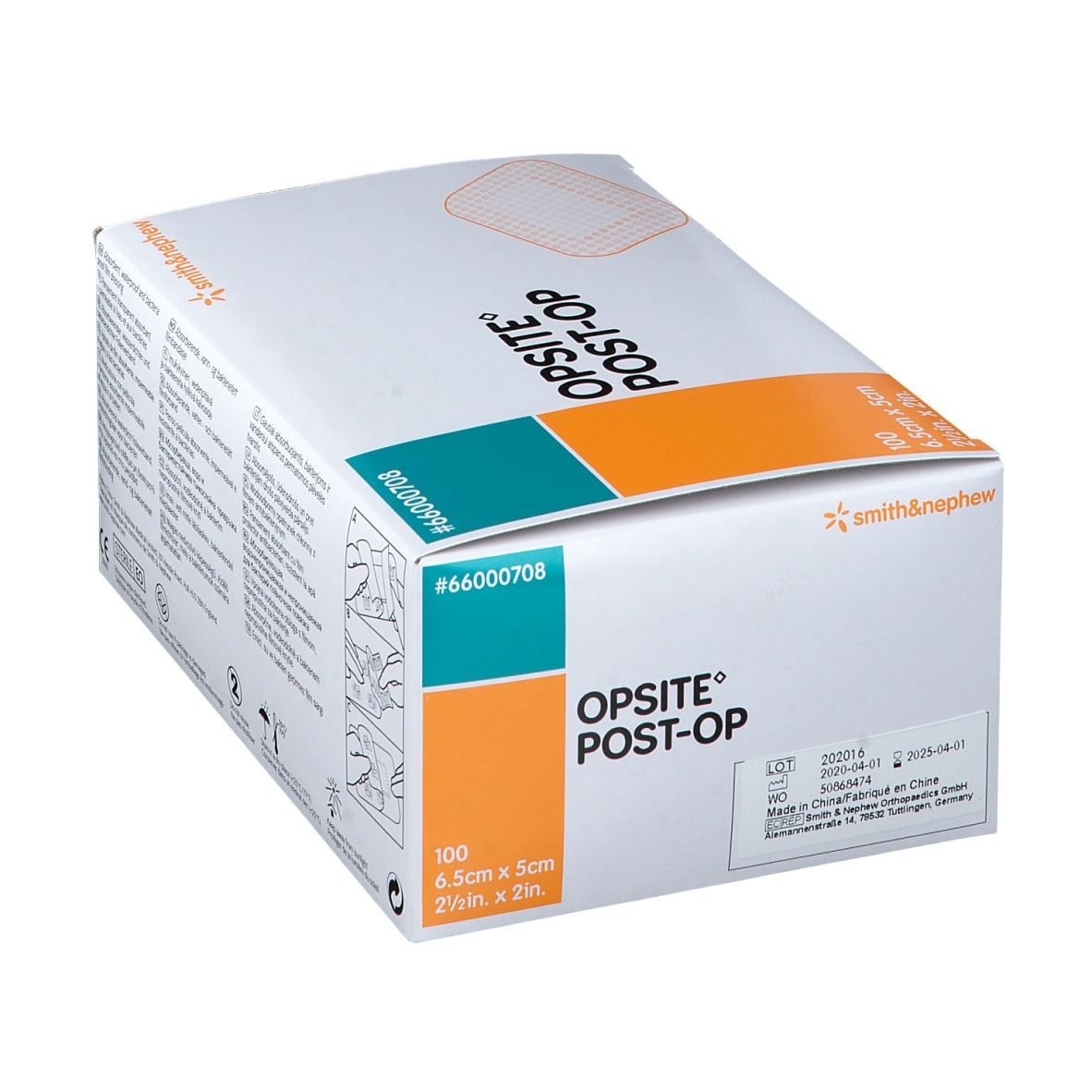OPSITE Post-Op Box. Enthält 100 Verbände, 6,5 x 5 cm. Marke Smith & Nephew. Produktcode #66000708. Produktionsdatum.