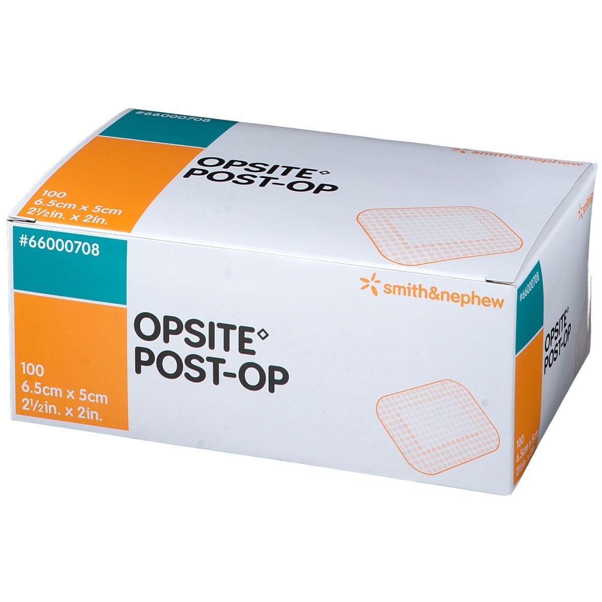 OPSITE Post-Op Box. Enthält 100 Verbände, 6,5 x 5 cm. Marke Smith & Nephew. Produktcode #66000708.