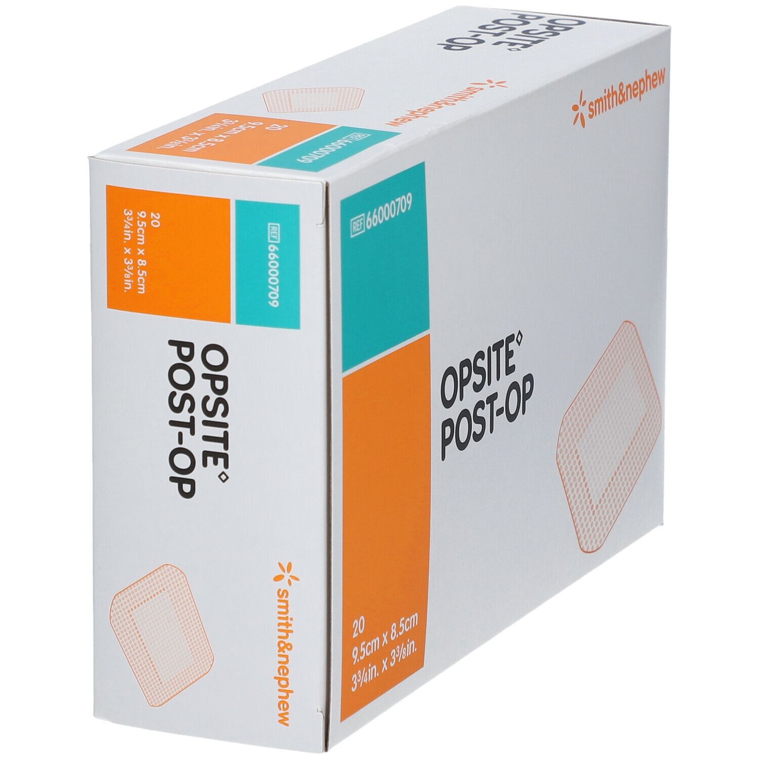 Boîte OPSITE® POST-OP. 20 pansements, 9,5 x 8,5 cm. Logo Smith & Nephew. Boîte en vue oblique avec accents orange et bleu.
