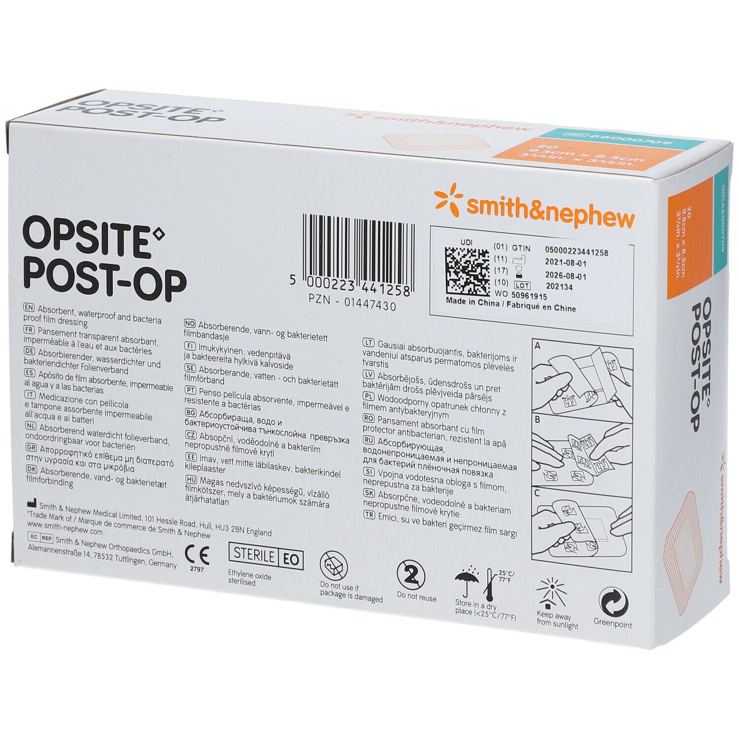 Dos de la boîte OPSITE® POST-OP. Informations produit, code-barres, instructions. Logo Smith & Nephew. Marquage CE, stérile.