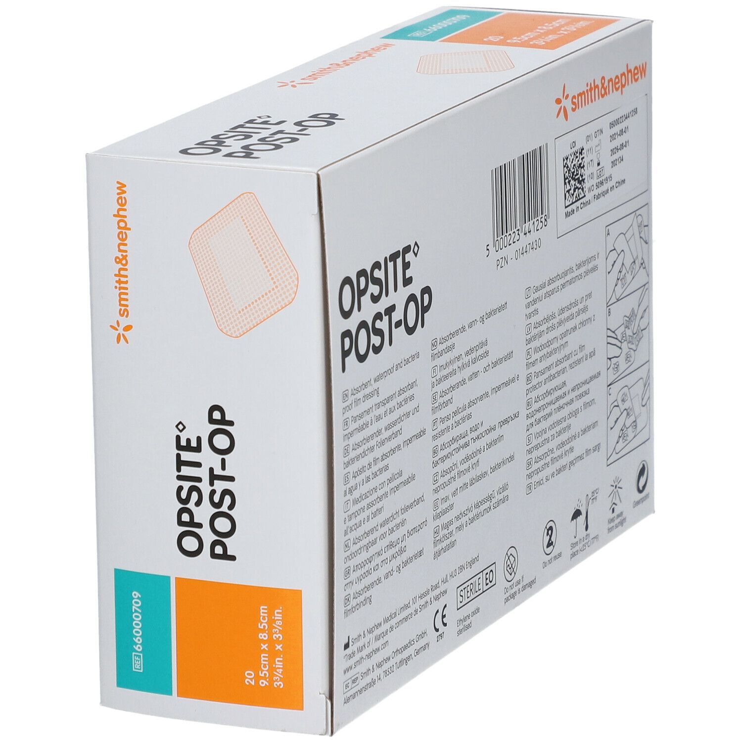 Boîte OPSITE® POST-OP. 20 pansements, 9,5 x 8,5 cm. Logo Smith & Nephew. Boîte en vue oblique avec accents orange et bleu.