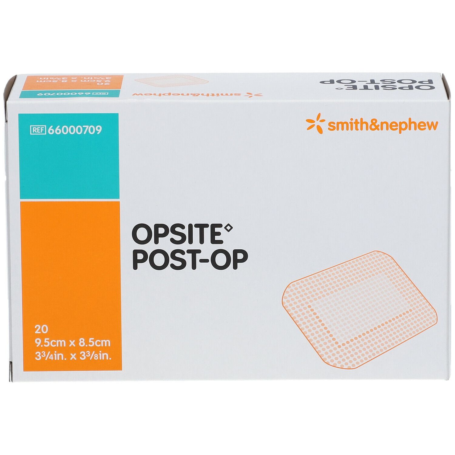 Boîte OPSITE® POST-OP. 20 pansements, 9,5 x 8,5 cm. Logo Smith & Nephew. Boîte blanche avec accents orange et bleu.