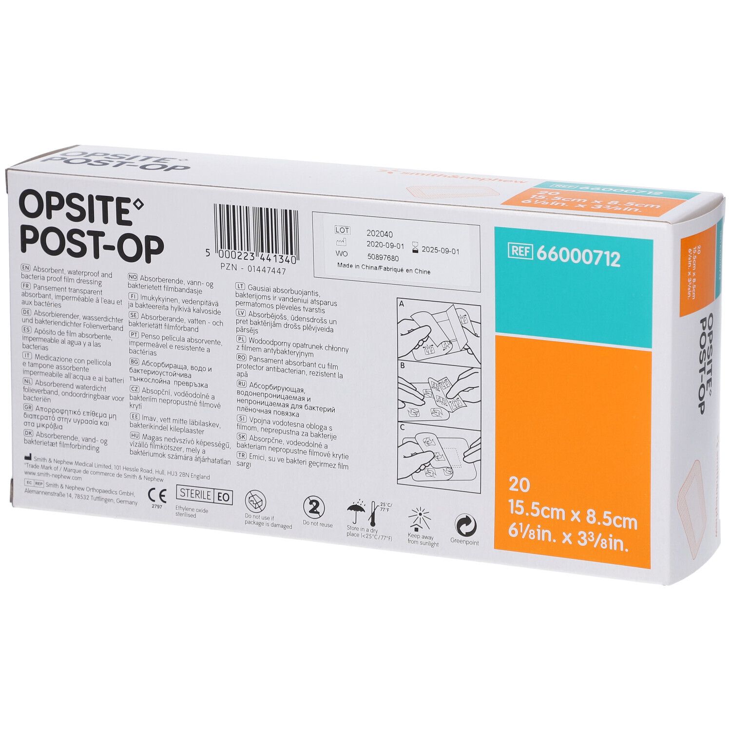 OPSITE Post-Op Verband, 20 Stück, 15,5 x 8,5 cm. Rückseite mit Anwendungshinweisen.