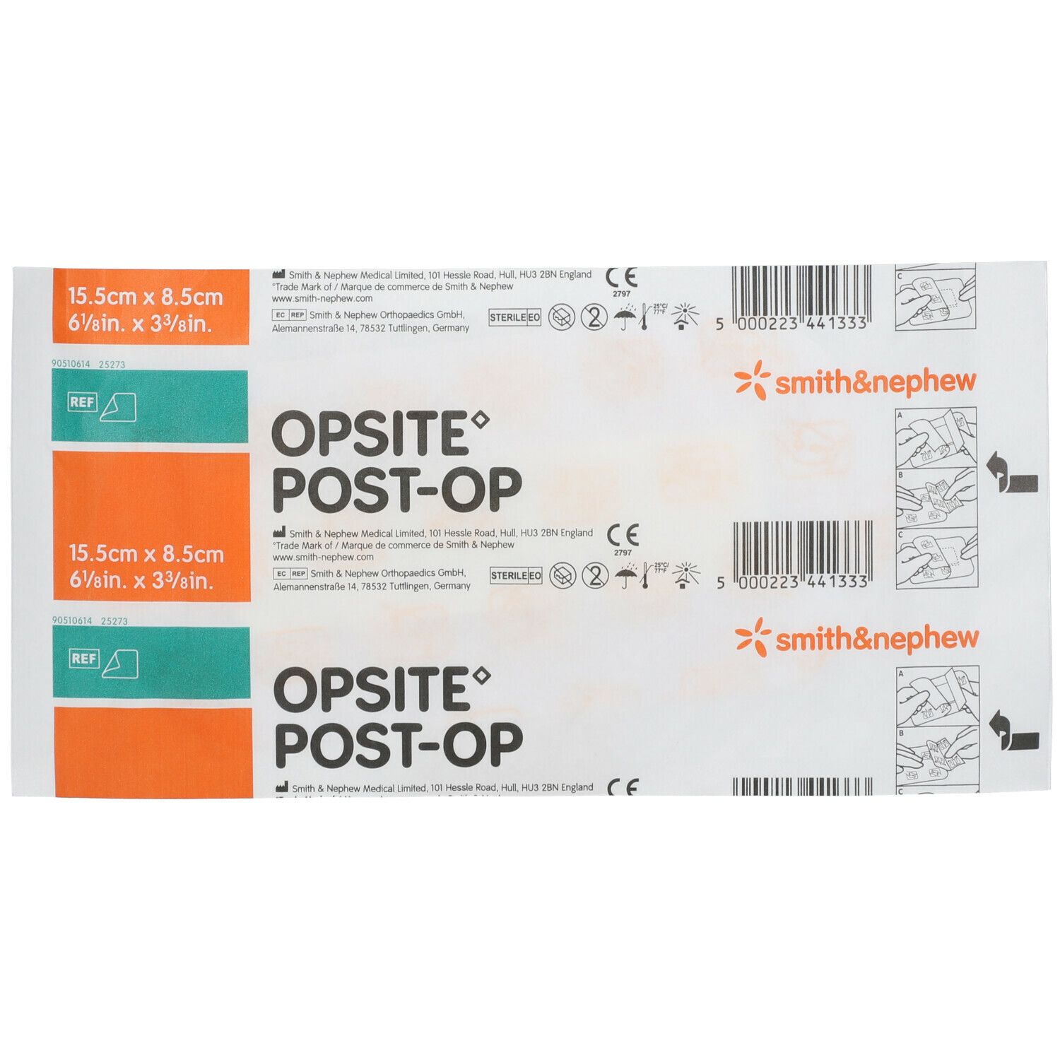 Opsite Post-Op. Deux pansements stériles. Dimensions : 15,5 x 8,5 cm. Emballage avec nom du produit, dimensions et informations du fabricant.