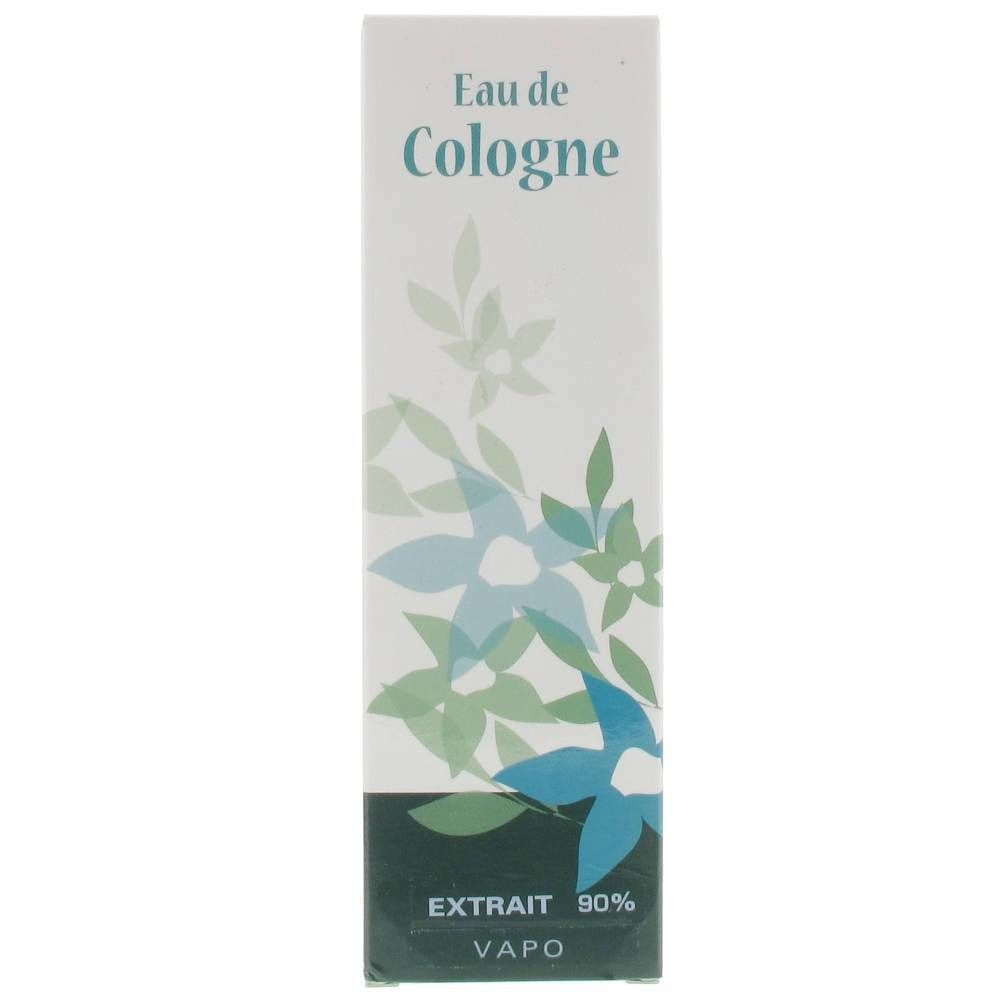 Emballage carton avec 'Eau de Cologne'. Motifs floraux bleus et verts. 'Extrait 90%' et 'Vapo' en bas.