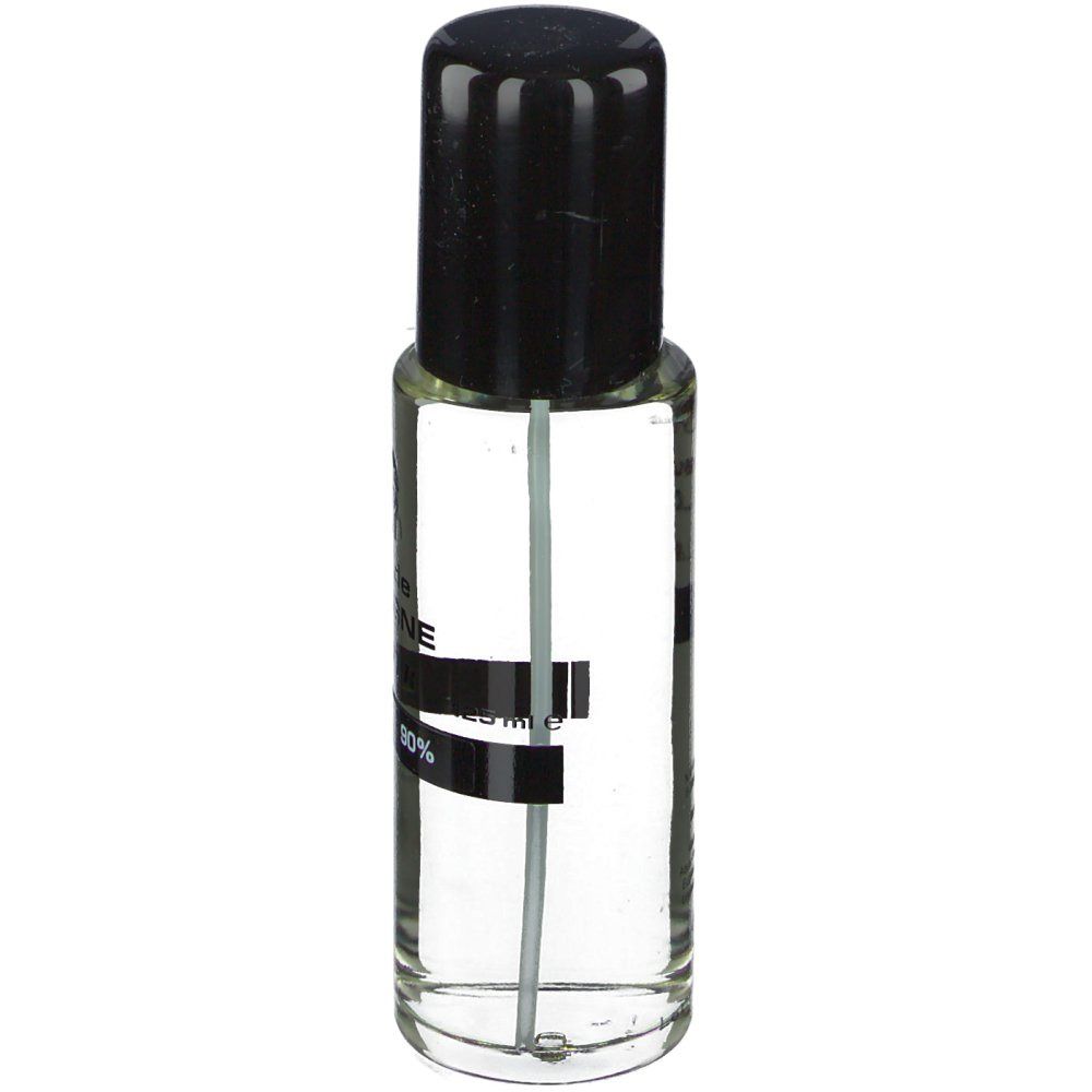 Flacon transparent avec bouchon noir et vaporisateur. Contient un liquide clair.