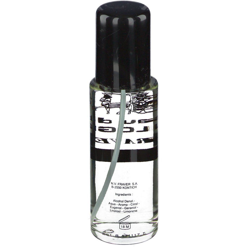 Flacon transparent avec bouchon noir et vaporisateur. Inscriptions et ingrédients visibles.