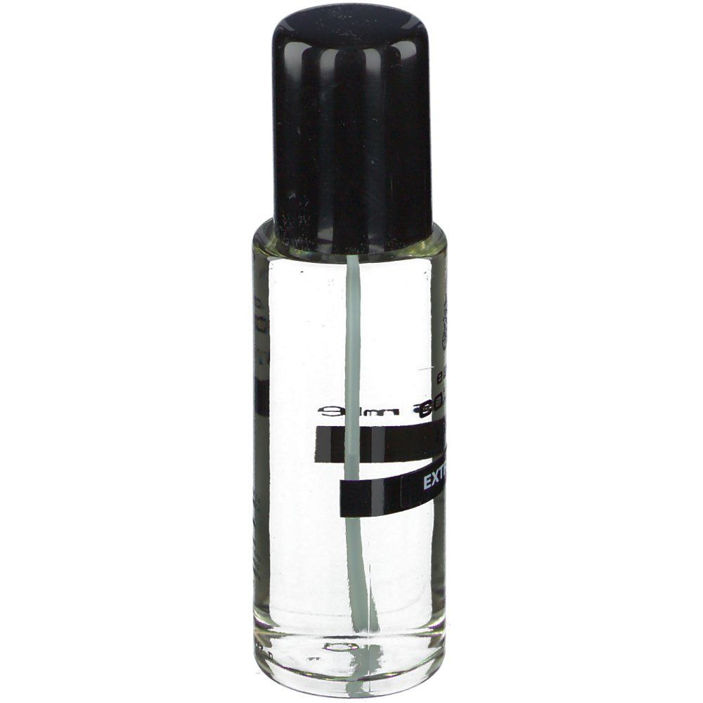 Flacon transparent avec bouchon noir et vaporisateur. Bande noire avec texte.