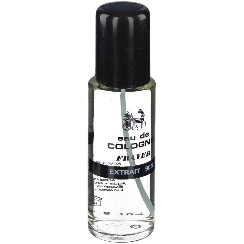 Flacon transparent avec bouchon noir et vaporisateur. 'Eau de Cologne' et logo visibles.