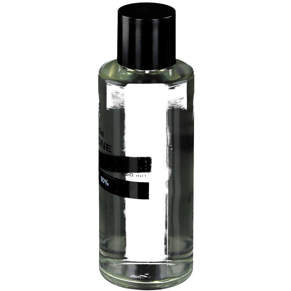 Transparante fles met zwarte dop. Zwarte band met witte tekst. Grote witte letter F.