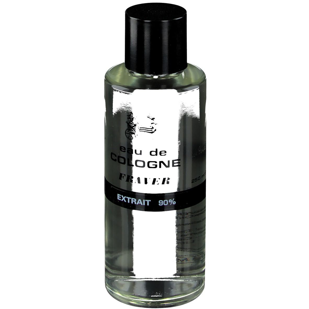 Transparante fles met zwarte dop. Opschrift: eau de COLOGNE, FRAVER, EXTRAIT 90%.