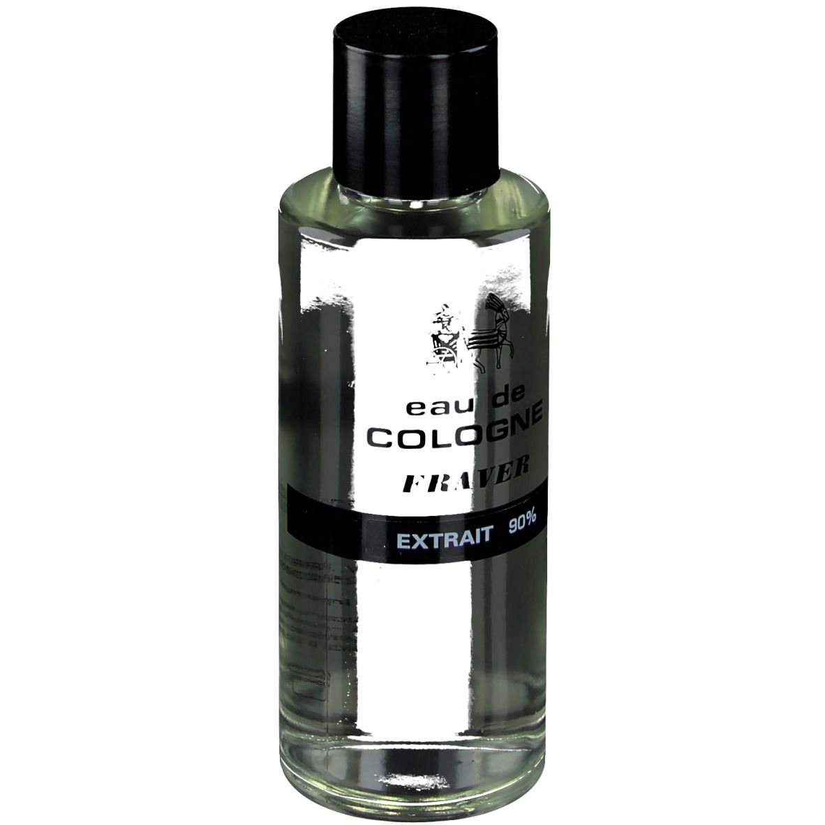 Transparante fles met zwarte dop. Opschrift: eau de COLOGNE, FRAVER, EXTRAIT 90%.