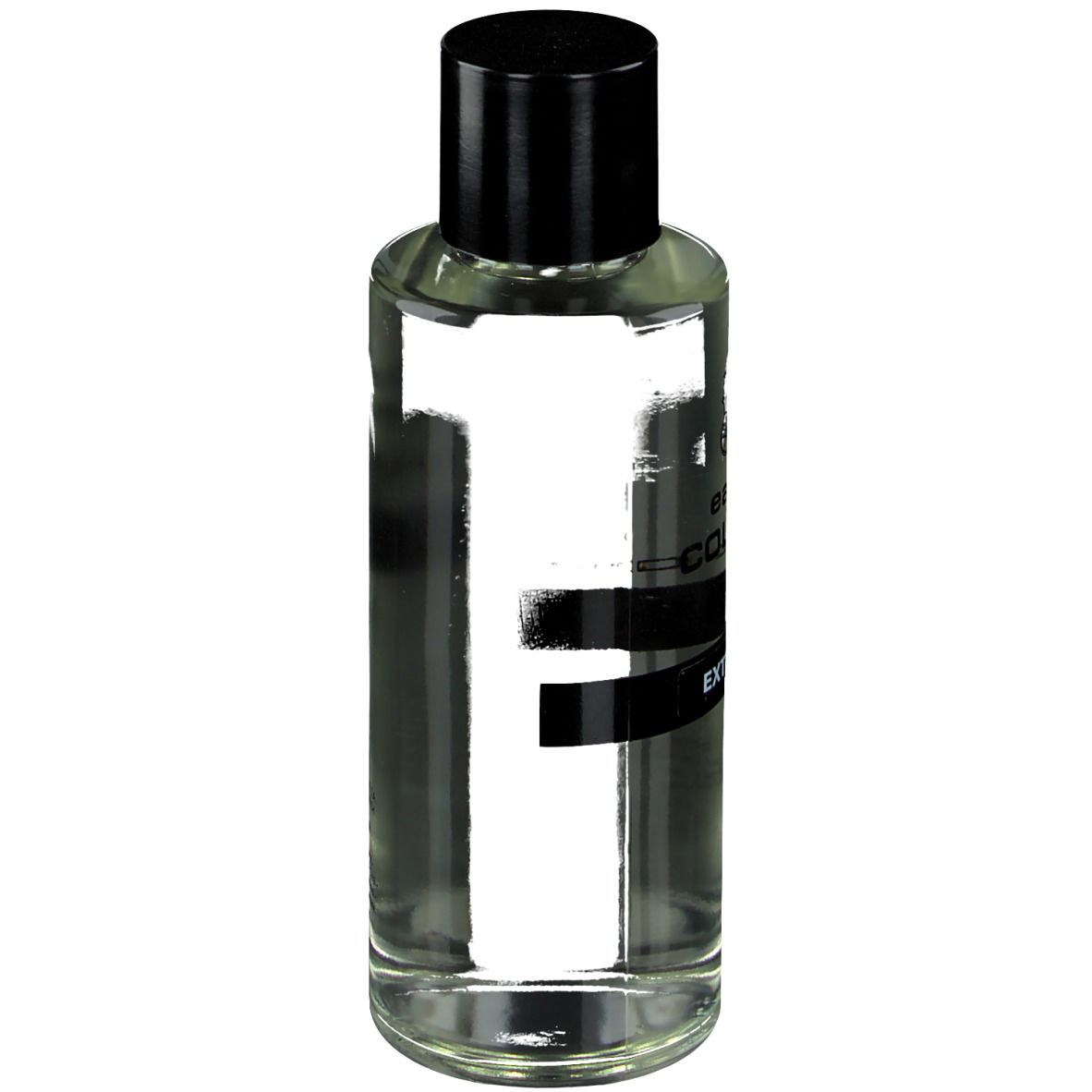 Transparante fles met zwarte dop. Zwarte band met witte tekst. Grote witte letter F.