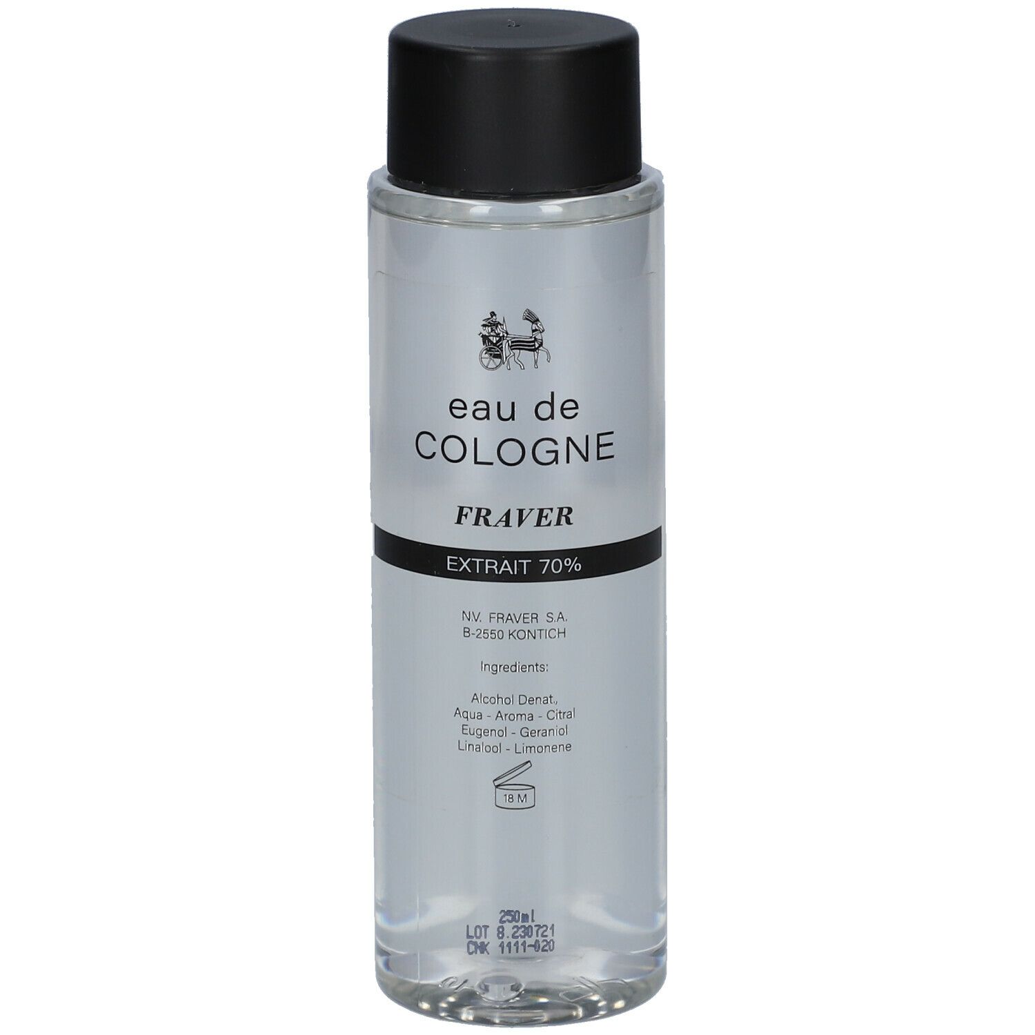 Transparante fles met zwarte dop. Opschrift: Eau de Cologne, Fraver, Extrait 70%.