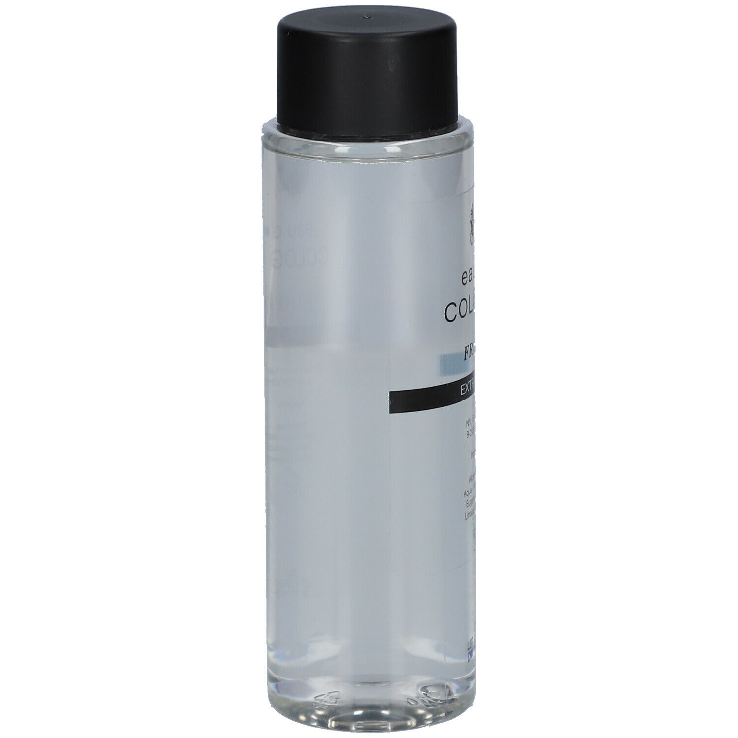 Transparante fles met zwarte dop. Gedeeltelijk beschreven.