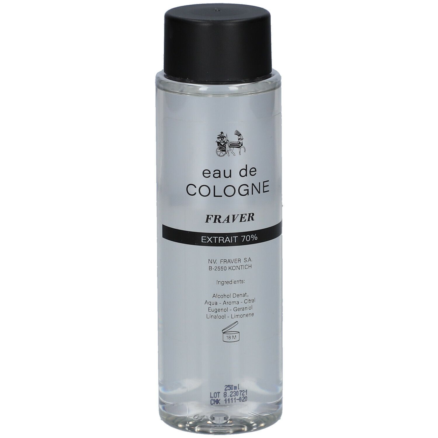 Transparante fles met zwarte dop. Opschrift: Eau de Cologne, Fraver, Extrait 70%.